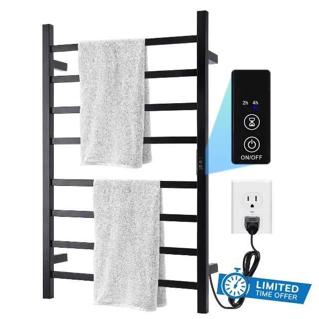 Towel Warmer Heated Towel Bar-Rack - Nopwer Bathroom Wall Mounted Electric Towel Drying Plug-in Matte Black 8 Bars