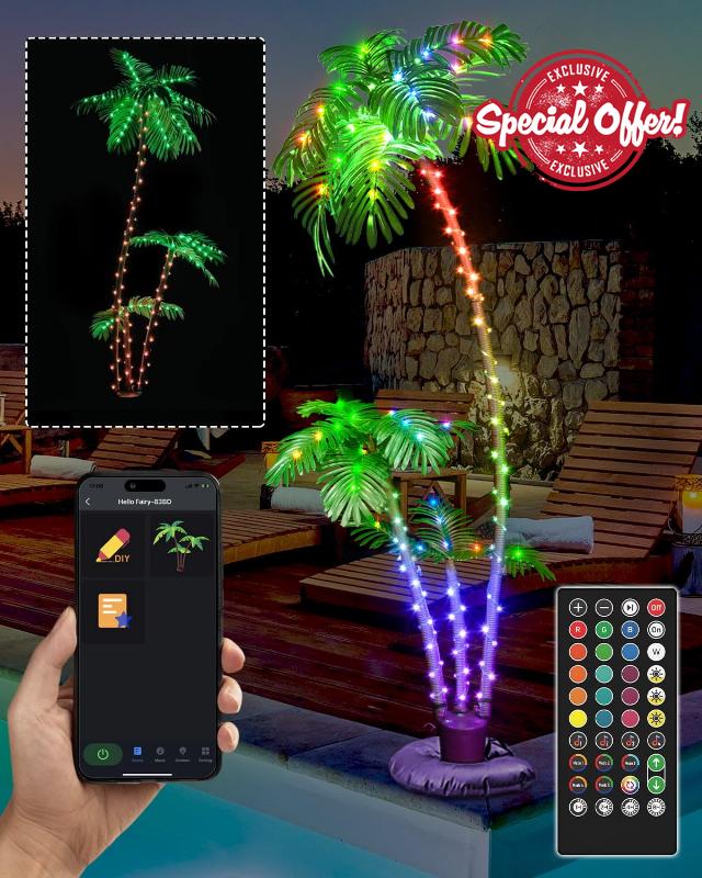 Smart Lighted Artificial Palm Tree - 7Ft 3 Trunks Color Changing Palm Trees App Remote Control Music Sync for Outside Patio