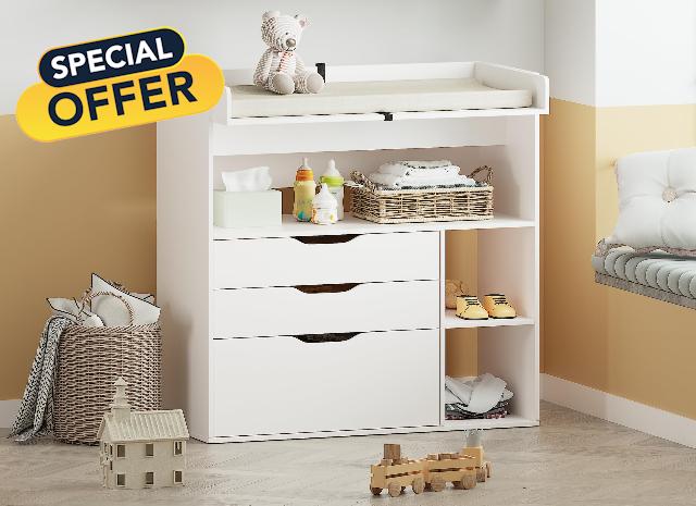 Baby Changing Table Dresser with 3 Drawers and 3 Storage Shelves
