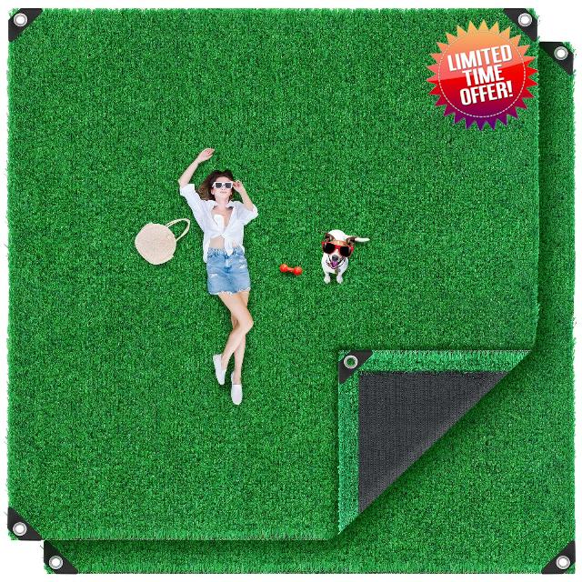 2 Pcs 10 x 10 ft Artificial Grass Turf Area Rug Indoor Outdoor Square Rug Green Realistic Camping Carpet Camping Rug Tent Turf Carpet Artificial Grass for Garden Yard Landscape Playground