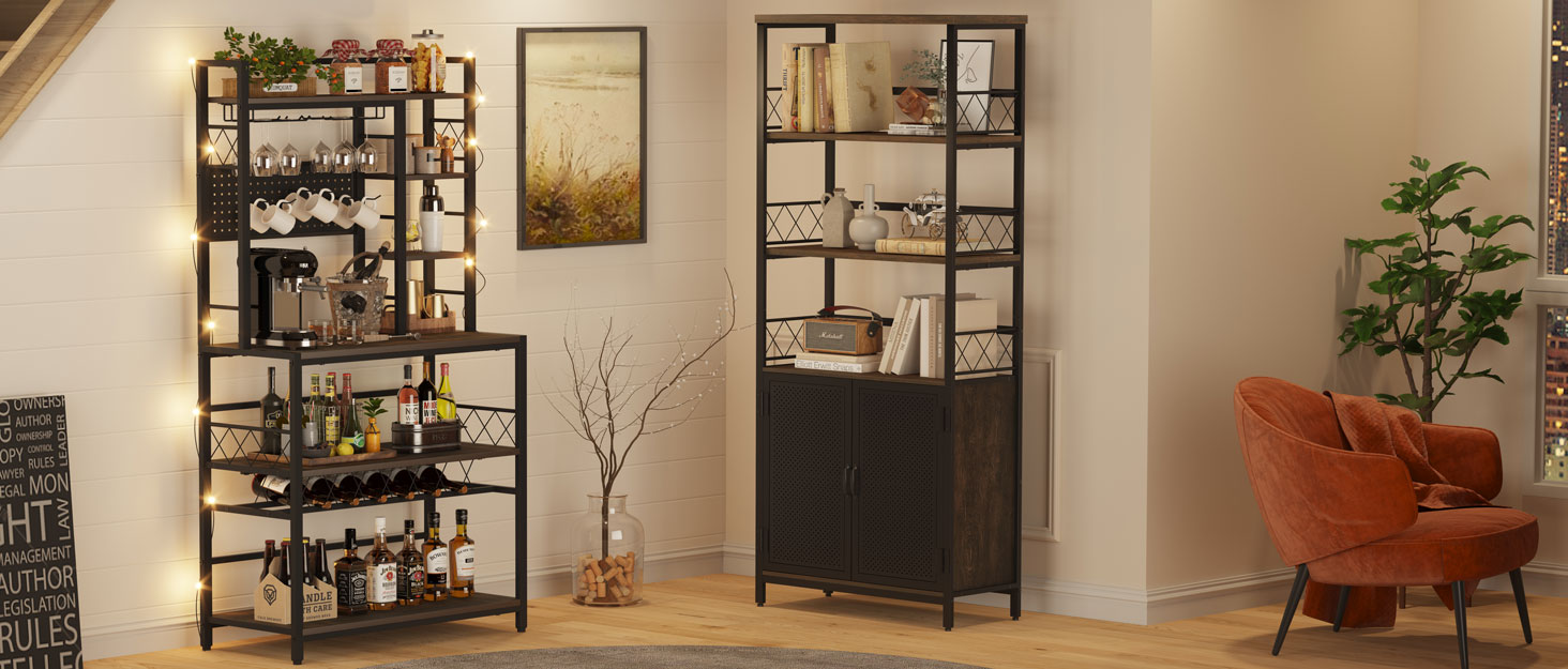 Aubtik Rustic Coffee Bar Cabinet with Glass Holders and Hooks