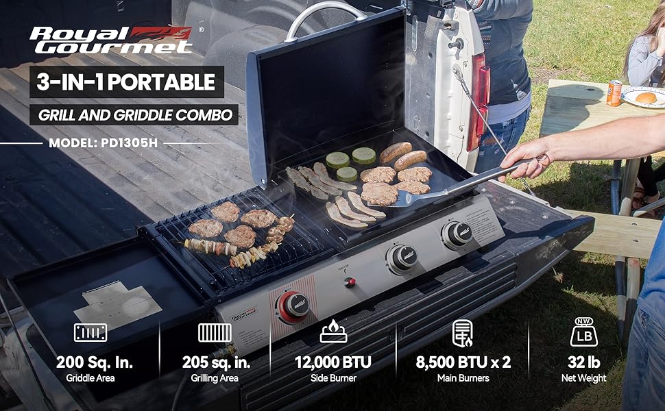 3-Burner Portable Propane Gas Grill and Griddle Combo PD1305H