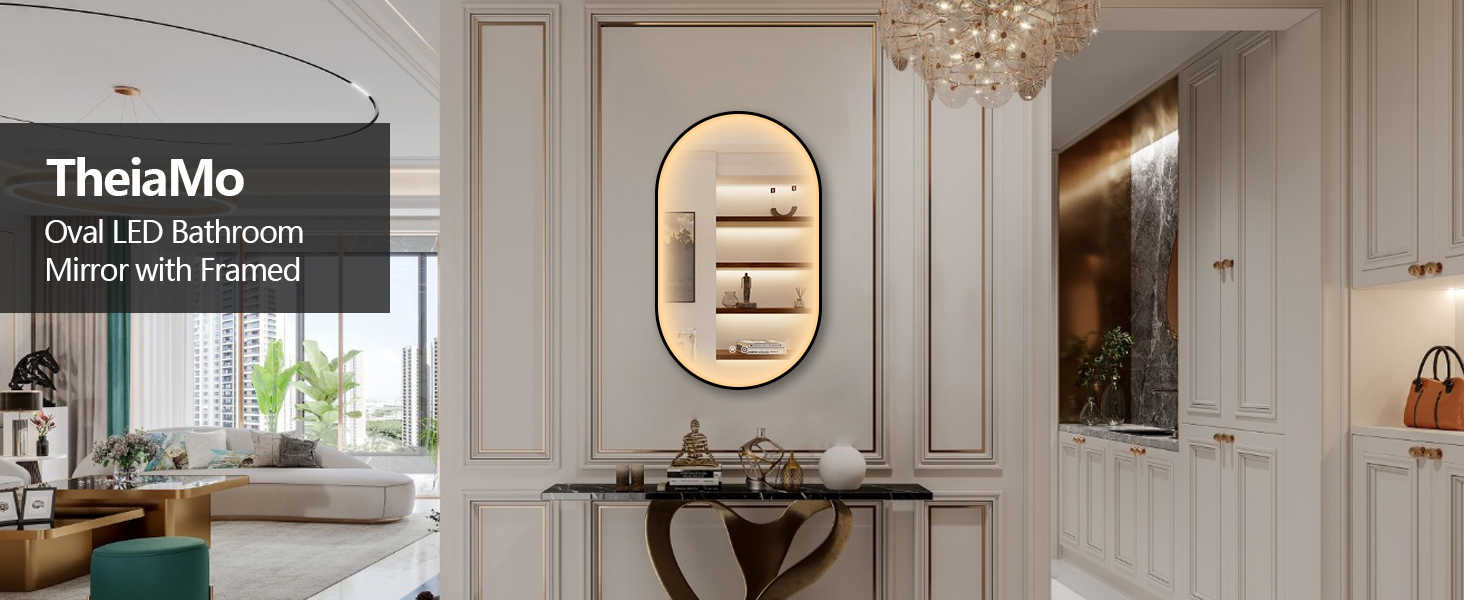 TheiaMo Oval Black Frame Vanity LED Mirror lighted mirrors for bathroom