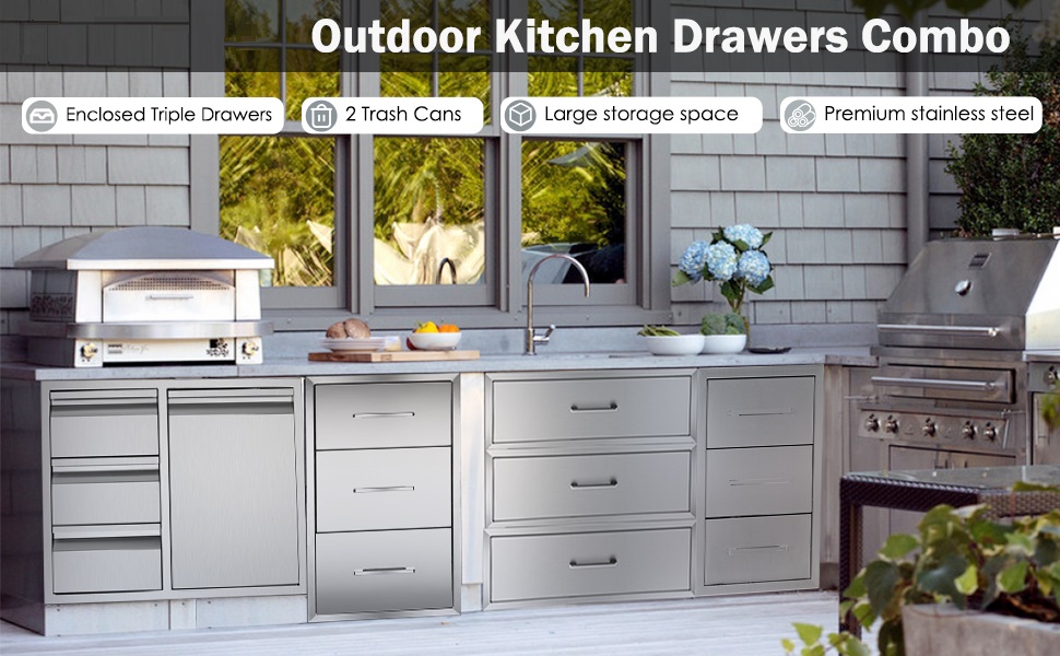 outdoor kitchen drawers combo stainless steel large bbq storage canbinets 3 drawers 2 trash cans