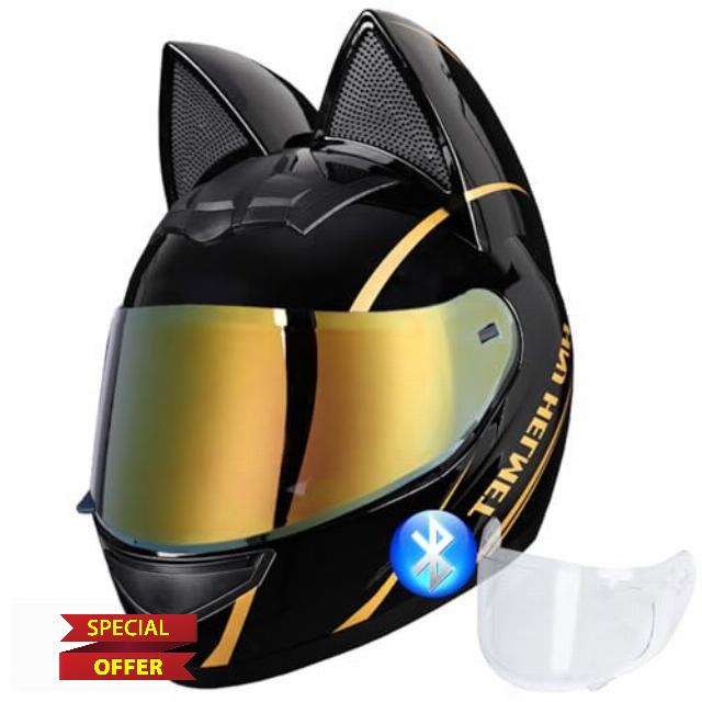 Cat Ear Bluetooth Motorcycle Helmet DOT Certified Full face Motorcycle Helmet Cool cat Helmet with HD Goggles Removable Washable Lining Unisex Size S~XL 55~62CM