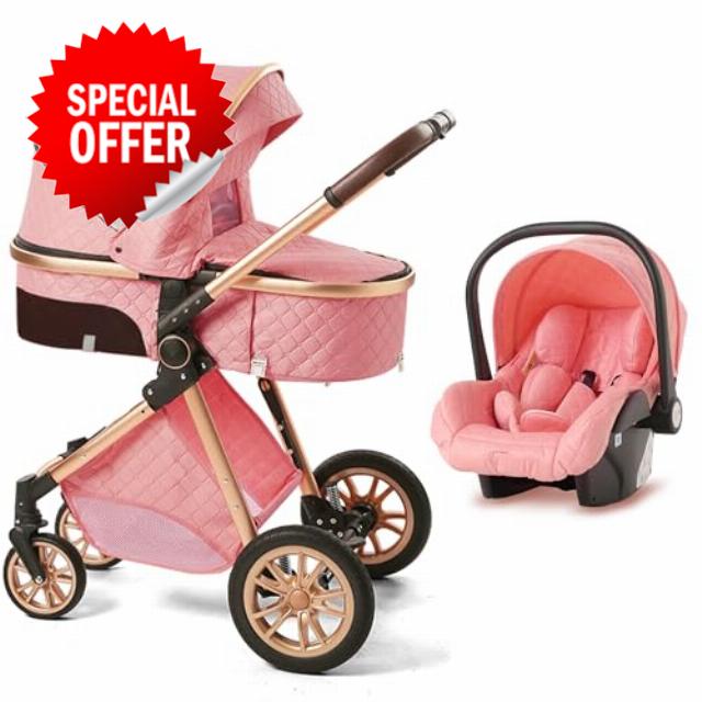 3-in-1 Convertible Baby Stroller with Bassinet Mode - Foldable Infant Stroller - Toddler Stroller with Reversible Stroller Seat Adjustable Bassinet (Pink without base
