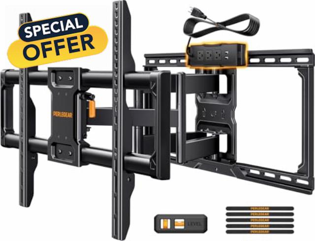 Perlegear Full Motion TV Wall Mount with Power Strip for 42–90 Inch TVs up to 150 lbs