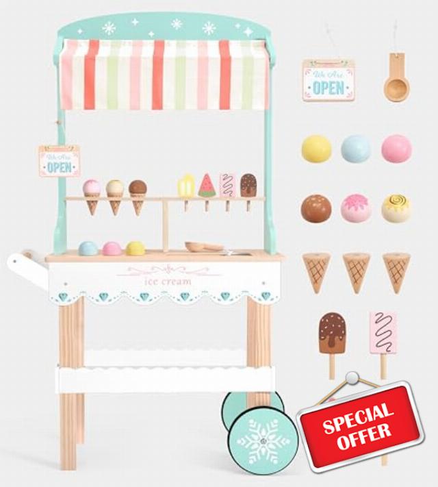 PairPear Wooden Ice Cream Cart for Kids Pretend Play Grocery Store