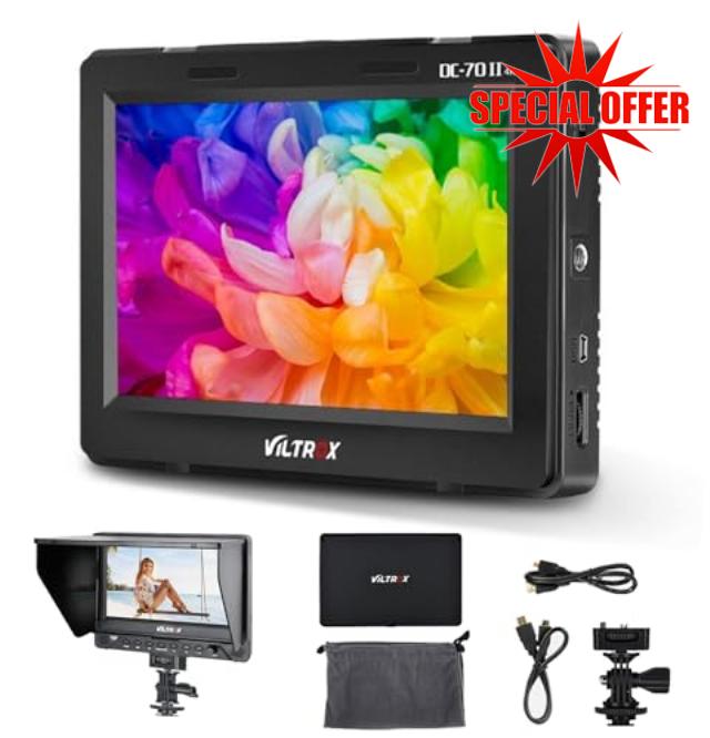 VILTROX DC-70 II 7" Camera Field Monitor 4k Monitor Screen HDMI AV Input/Output External Video Monitors with Sunshade Hood/Battery Peaking Focus Assist for Canon Nikon Sony DSLR Cameras Camcorders