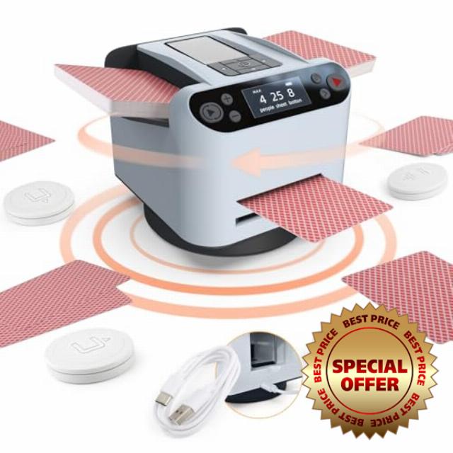 Automatic Card Shuffler and Dealer 360°Rotating for UNO Card Shuffling and 2 Decks Dealing Playing Card Dispenser Distribution Machine (2 in 1)