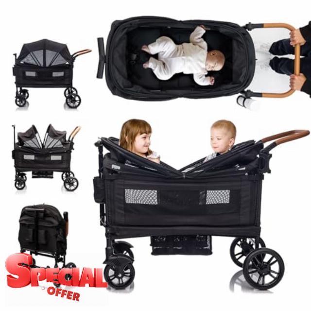Wagon Stroller for 2 kids & Cargo-Travel Stroller Push-Pull Stroller Lightweight Folding Stroller for Newborn&Toddler with 5-Point Harness