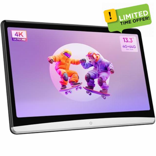13.3 Inch 4G+64G Car Headrest Monitor 4K Android11 Multifunction Car TV Monitor Tablet Video Player Car Rear Seat 1080P WiFi Bluetooth USB SD HDMI in+Out MirrorLink (13.3" 4G Ram+64G Rom(1*PC))