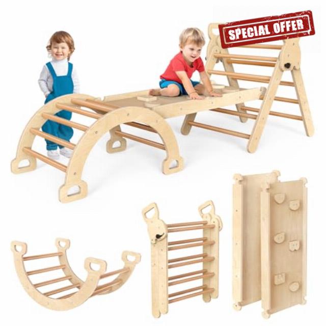 Pikler Triangle Set Montessori Play GYM Climbing Toys for Toddlers 1-3 Inside Wooden Baby Play Gym Toddler Slides Indoor and Outdoor Play