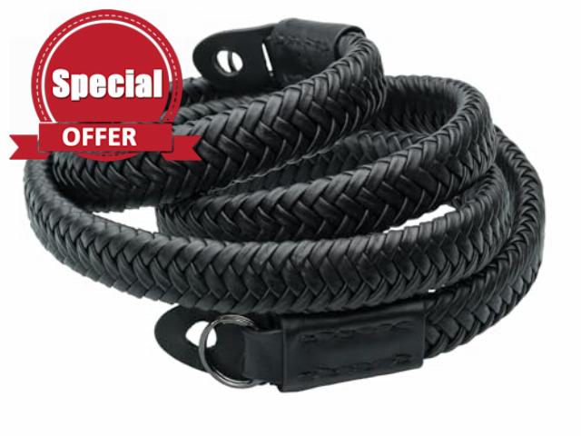 Black Leather Braided Camera Strap Matador Noir w/Electroplated Rings