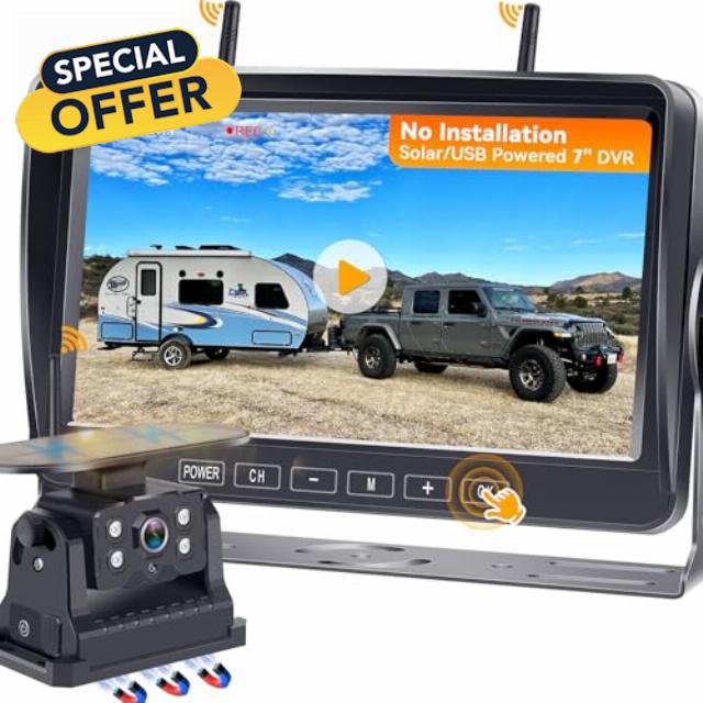 Magnetic Backup Camera Wireless for RV Trailer: HD 1080P 7 Inch Solar Easy Installation Rear View Camera with Recording Monitor Y08