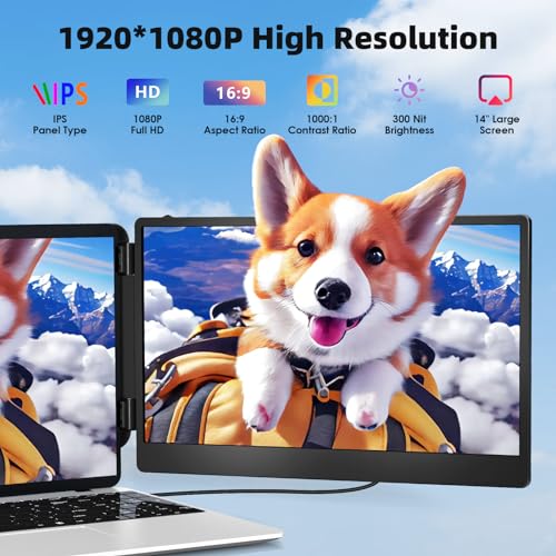 14" Portable Monitor for Laptops 1080P FHD IPS Display Dual Extended Monitor for 13"-17" Laptops USB-C/HDMI Ports Plug & Play Compatible with Windows Mac Android Switch PS5