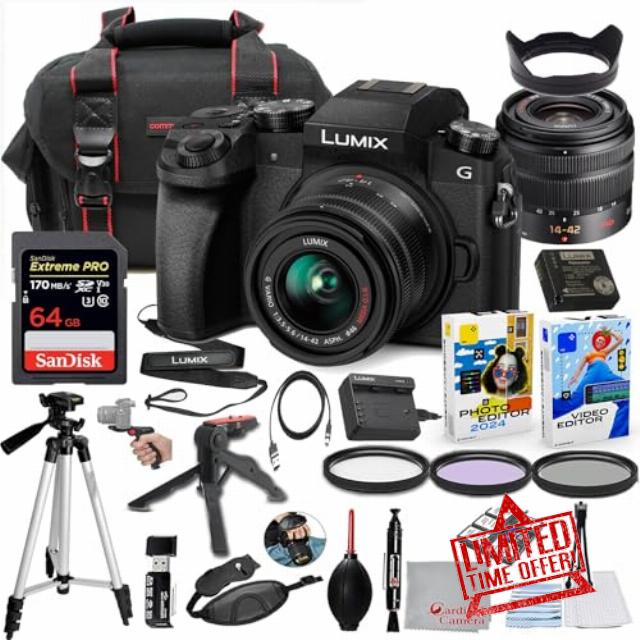 Panasonic Lumix G7 Mirrorless Camera with 14-42mm Lens (Black) Bundle + Accessory Package Including 64GB Extreme Pro Memory