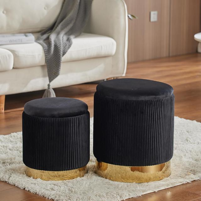 Round Ottoman with Storage Set of 2 Upholstered Velvet Storage Ottoman Stool Modern Round Vanity Stool Chair Ottoman for Living Room Multifunctional Foot Rest.