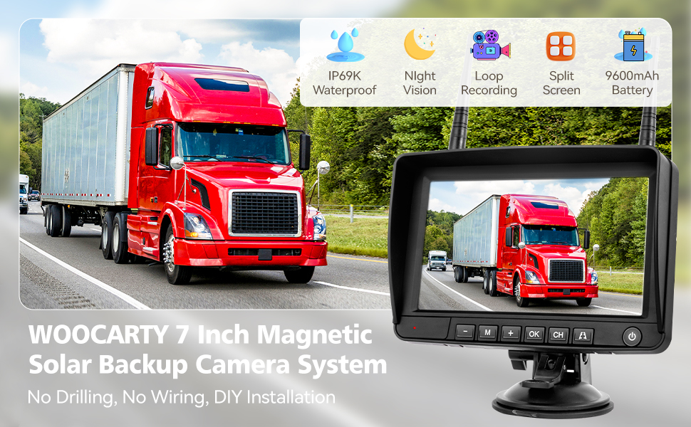 WOOCARTY 7 inch magnetic solar backup camera system