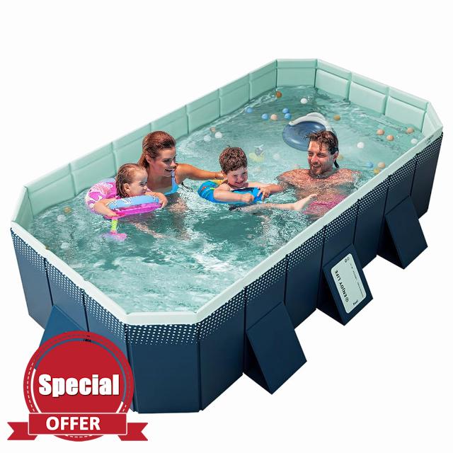 Foldable Pool Non-Inflatable Swimming Pool for Family Adults Hard Plastic Shell Collapsible Rectangle Swimming Pool for Outside Backyard Portable Pet Dog Pool (Dark Blue