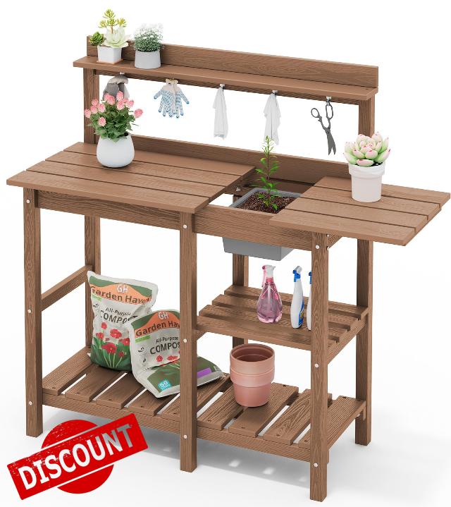 SERWALL Potting Bench Outdoor Potting Table with Sink