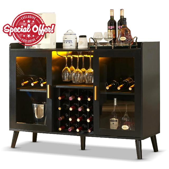 Home Coffee Cabinet with Wine Rack and Glass Holder Kitchen Buffet Sideboard Storage Shelf with LED Light for Living