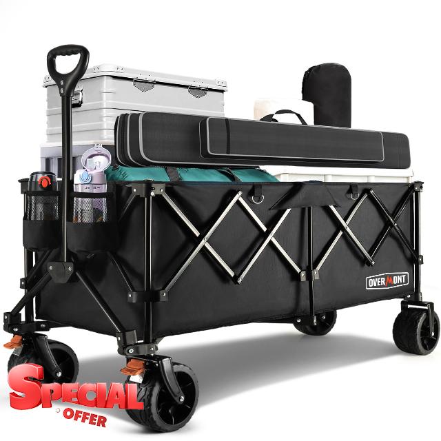 Overmont 45'' Collapsible Foldable Extended Wagon Cart - 300L Heavy Duty 440lbs Large Capacity Folding Utility Wagon with All-Terrain Wide Wheels for Camping Sports Grocery Picnic