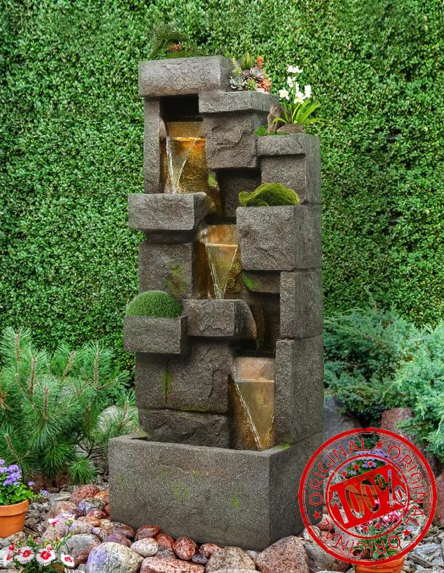 41.7" Outdoor Water Fountain Modern Floor-Standing Garden Fountain Tall 3 Tier Waterfall Fountain with LED Lights and Pump Outdoor Rock Fountain Decor for Porch