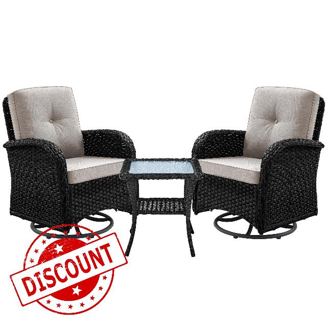 Outdoor Swivel Glider Rocker Chairs - Black Wicker 3 Piece Patio Set with Tempered Glass Side Table