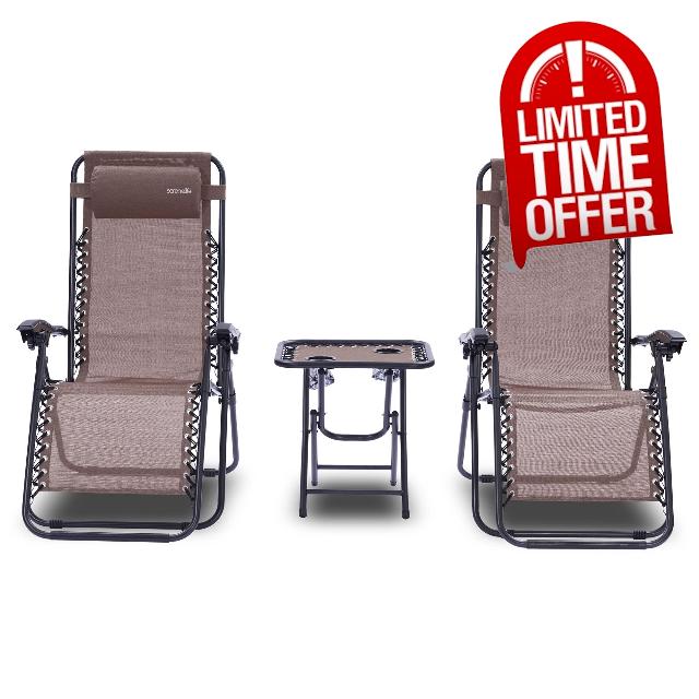 SereneLife SLZGHTBRM65.5 Outdoor Adjustable Zero Gravity Lounge Chair Recliners with Table and Padded Headrest Pillows
