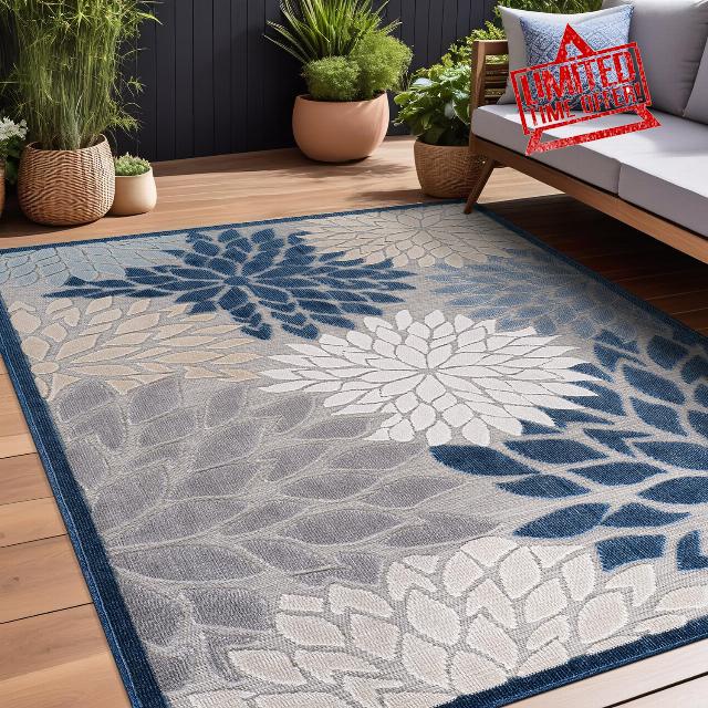 Beverly Rug Outdoor Rug 8x10 Modern Floral Tropical Area Rugs for Indoor and Outdoor Patio Easy to Clean Non Shedding Living Room Porch Garden Washable Outside Carpet (8 x 10 Blue)