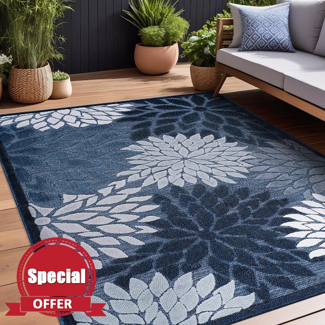 Beverly Rug Outdoor Rug 8x10 Modern Floral Tropical Area Rugs for Indoor and Outdoor Patio Easy to Clean Non Shedding Living Room Porch Garden Washable Outside Carpet (8 x 10 Navy Blue)