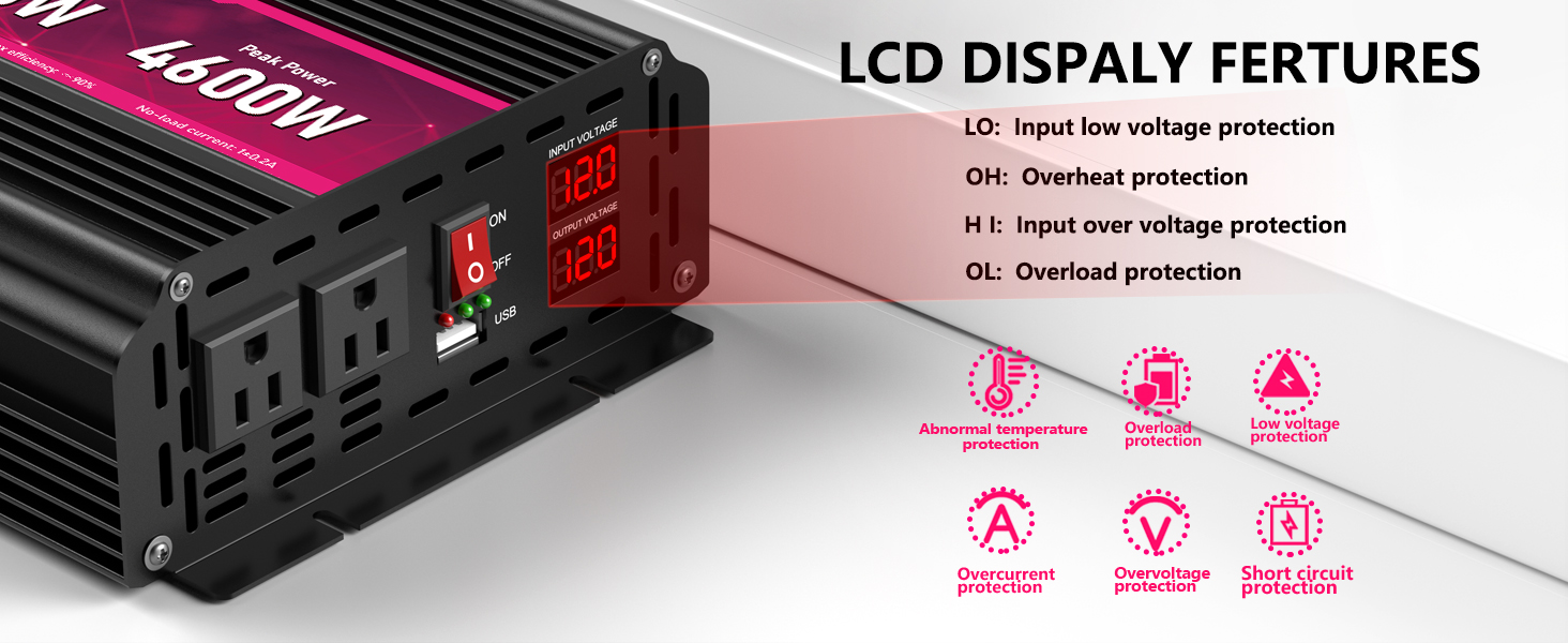 2300W Power Inverter,12V DC to AC 110V120V Peak Power 4600W with 2AC Outlets and2.4USB Port,LCD