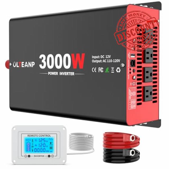 3000 Watt Power Inverter 12V DC to 110V AC Car Inverter with 4 AC Outlets