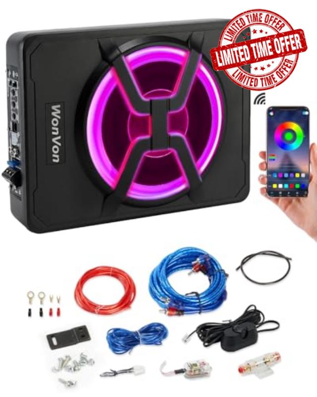 10 Inch Under Seat Car/Truck Subwoofer Bass Active Stereo with Multi Colors Ambient Lighting
