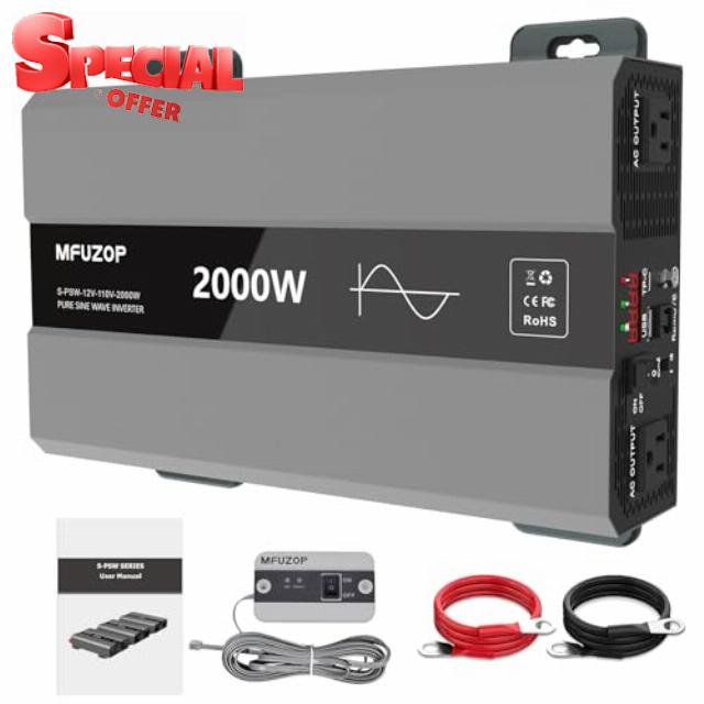 Pure Sine Wave Inverter 2000w Power Inverter DC 12v to AC 110V 120V Converter for Rv Truck Home Camping with Wiring Terminal USB and Type-C with 2 AC Outlets LCD Display Remote Control
