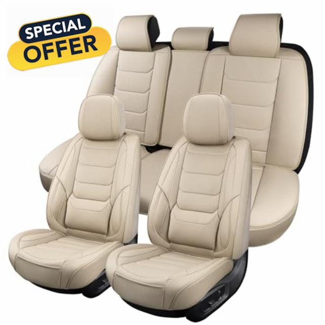 Leather Car Seat Covers Full Set Waterproof Auto Seat Covers Breathable Seat Protectors Universal Fit for Most Automotive Cars SUV Trucks Van (Beige