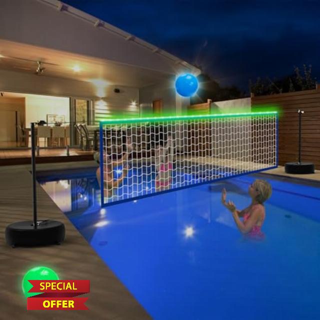 LED Pool Volleyball Net Set with Solar Colorful Lights|15''-32'' Adjustable Volleyball Game Set for Inground Pool