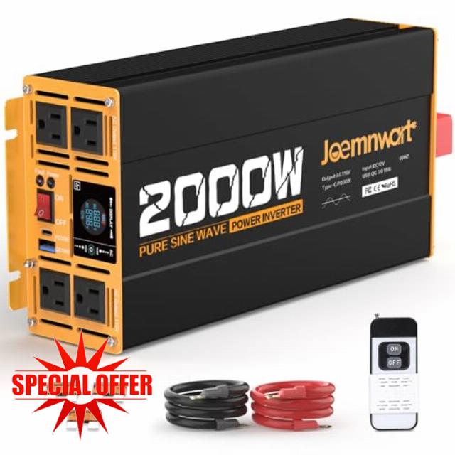 2000W Pure Sine Wave Inverter 12V DC to 110V 120V AC Car Converter for RV Truck Off-Grid Solar Power Inverter with 4 AC Outlets