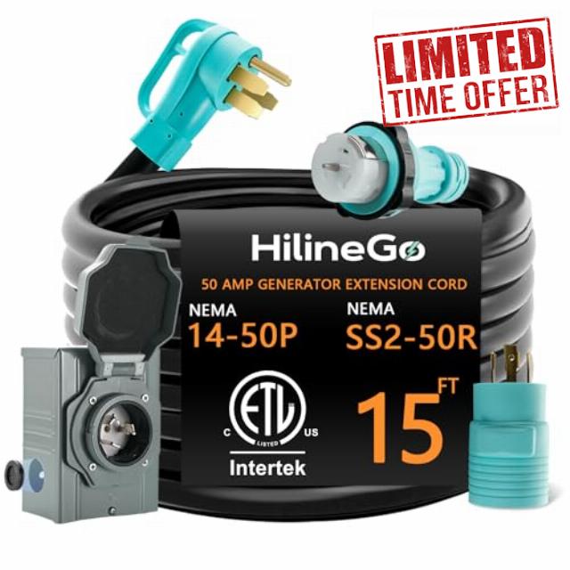 50 Amp Generator Cord 15FT and Power Inlet Box