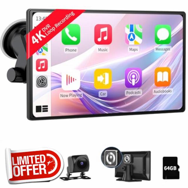 9 Inch IPS Touchscreen Wireless Carplay & Android Auto with 4K Dash Cam and 1080P Backup Camera