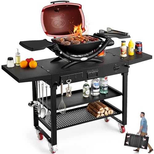 52" w x 17" d Portable Folding Grill Cart 3-Shelf
