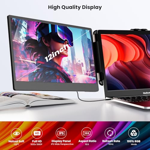 12’’ Triple Laptop Monitor Extender Ultra Slim 1080P FHD IPS Portable Monitor for Laptop with Stand Compatible with Mac Windows Linux Switch PS4/5