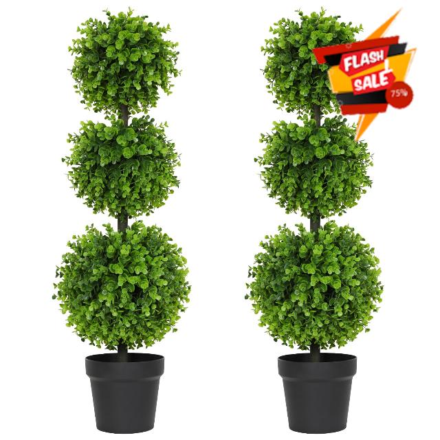 Luyue 2 Pack Artificial Boxwood Ball 3FT Fake Boxwood Topiary Tree Set of 2 Faux 3 Balls Tree Topiary in Pot Boxwood Ball Plant for Outdoor Front Door Porch Plant Tree Outdoor Topiary Tree