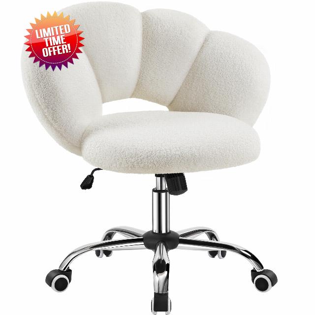 Yaheetech Boucle Upholstered Desk Chair Cloud-shaped Vanity Chair Adjustable Home Office Chair Computer Chair with Rolling Wheels for Living Room