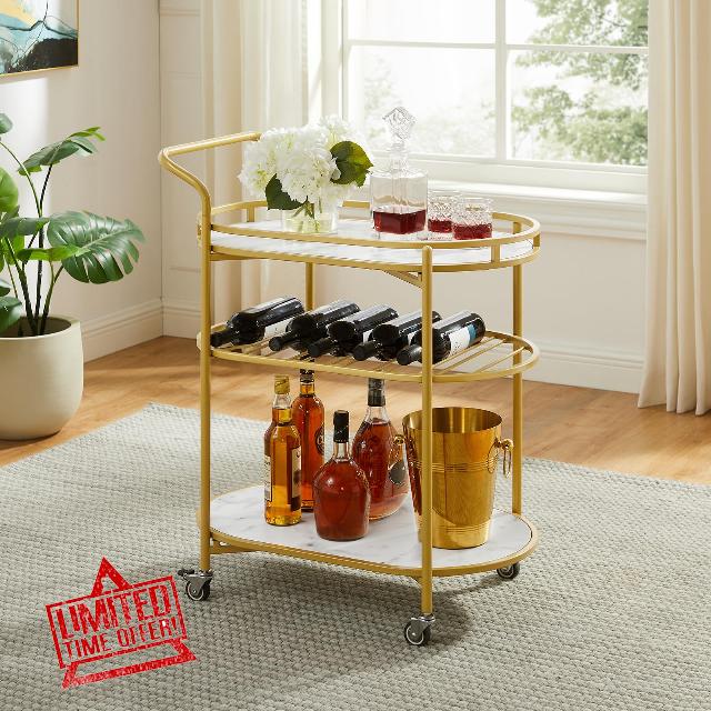 Square Gold Bar Carts with 3 Tier Storage Shelves Holder Home and Rotating Wheels for Home Kitchen