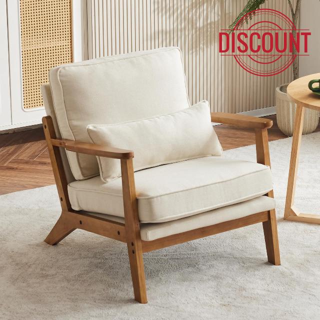 Karl home Accent Chair Wide Armrest Mid-Century Lounge Chair Linen Fabric Armchair with Lumbar Pillow & Solid Wood Frame for Living Room