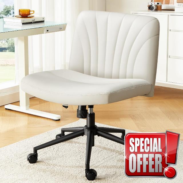Marsail Criss Cross Chair with Wheels: PU Leather Cross Legged Office Chair Wide Armless Desk Chair Swivel Height Adjustable Vanity Chair for Make Up
