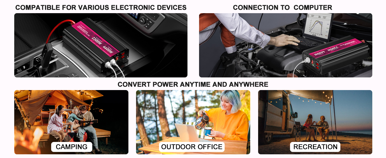 2300W Power Inverter,12V DC to AC 110V120V Peak Power 4600W with 2AC Outlets and2.4USB Port,LCD