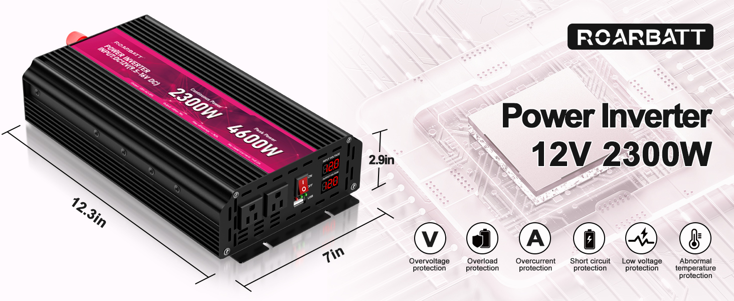 2300W Power Inverter,12V DC to AC 110V120V Peak Power 4600W with 2AC Outlets and2.4USB Port,LCD